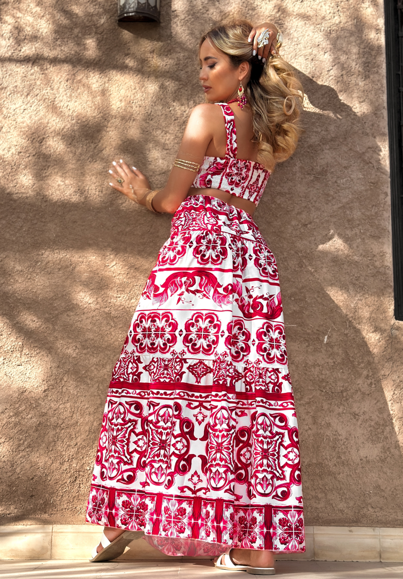 Set of strapless top and patterned skirt Marrakesh Mosaic white and red