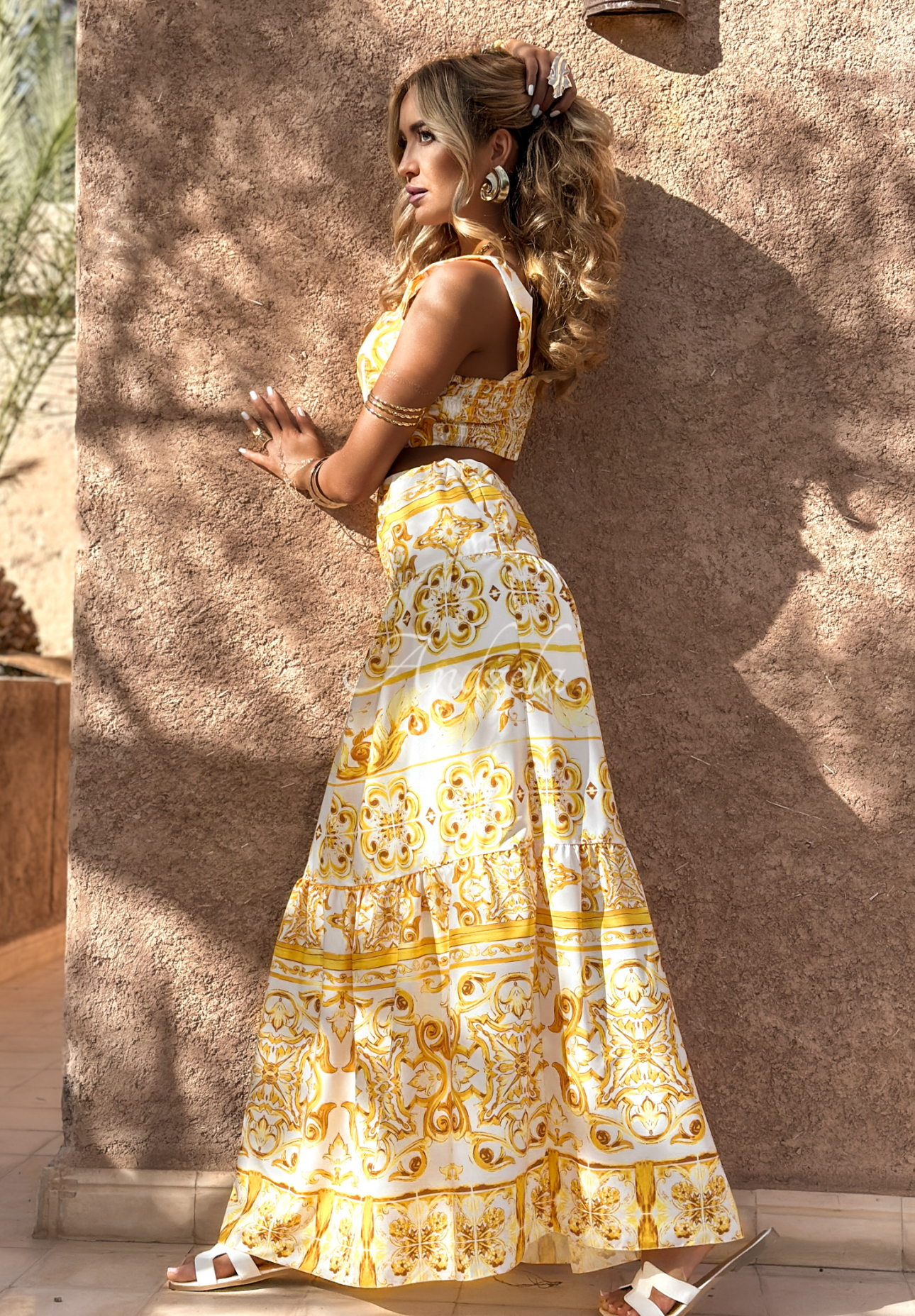 Marrakesh Mosaic white and banana patterned top and skirt set