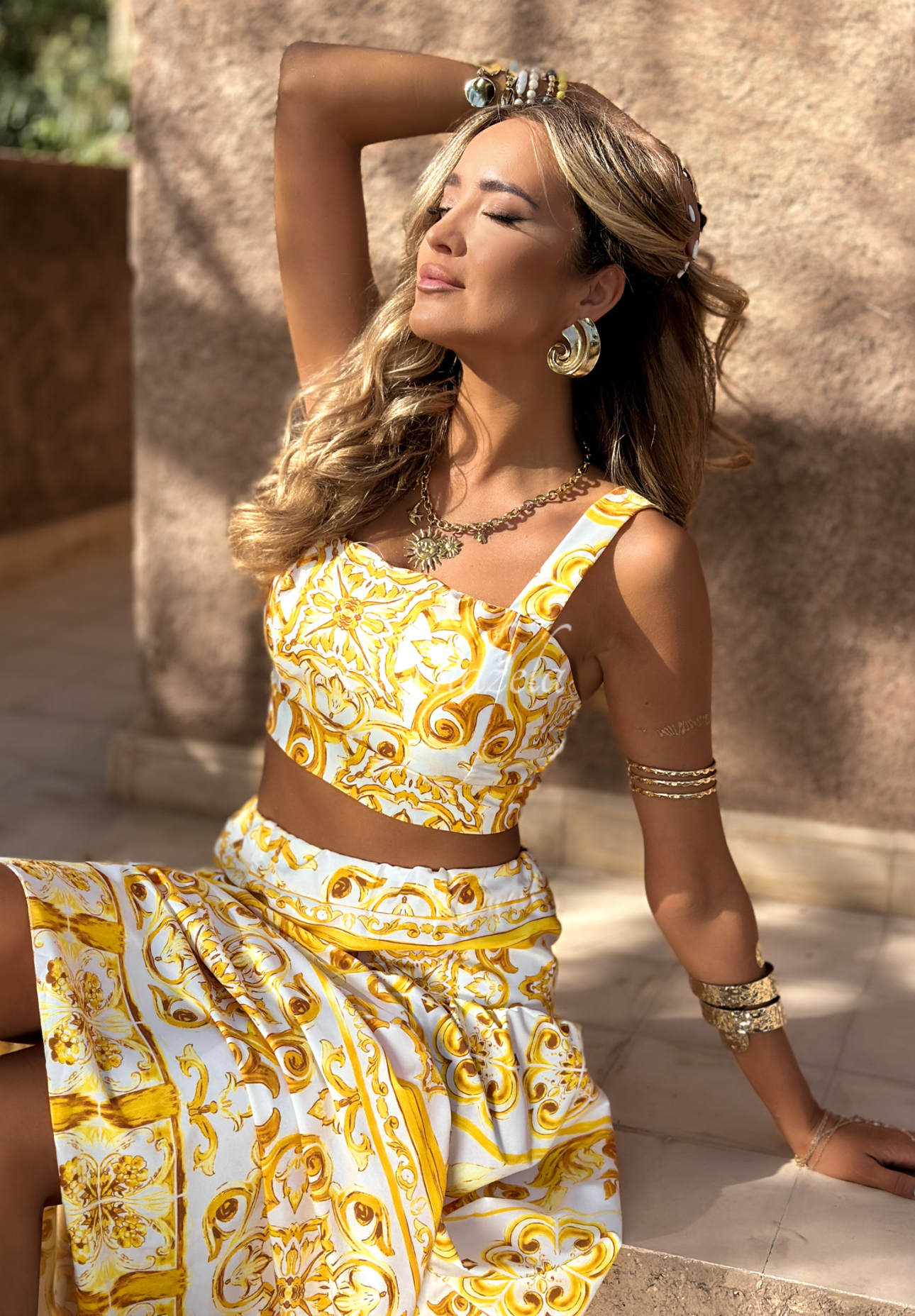 Marrakesh Mosaic white and banana patterned top and skirt set