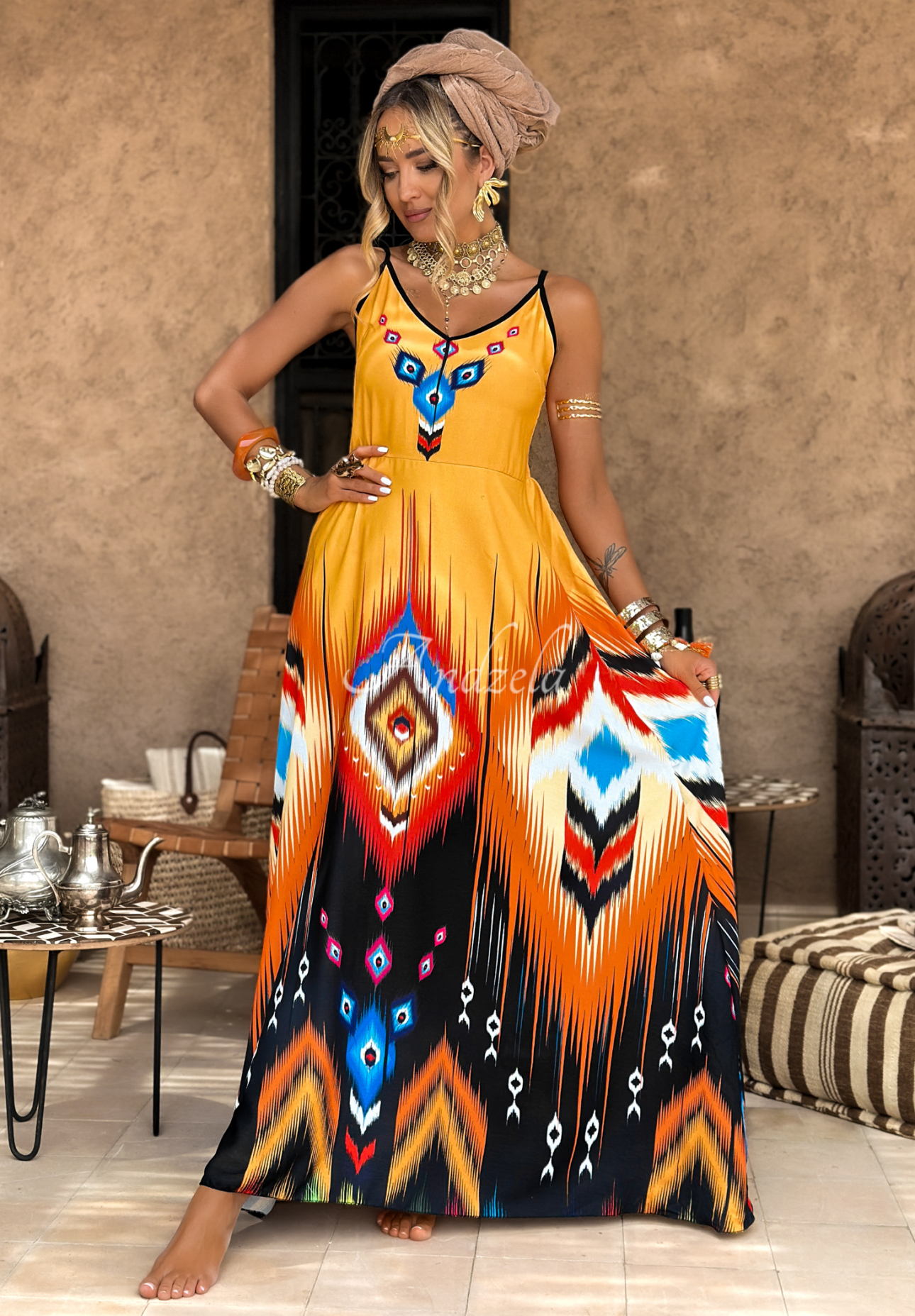 Strapless patterned maxi dress Ananya orange