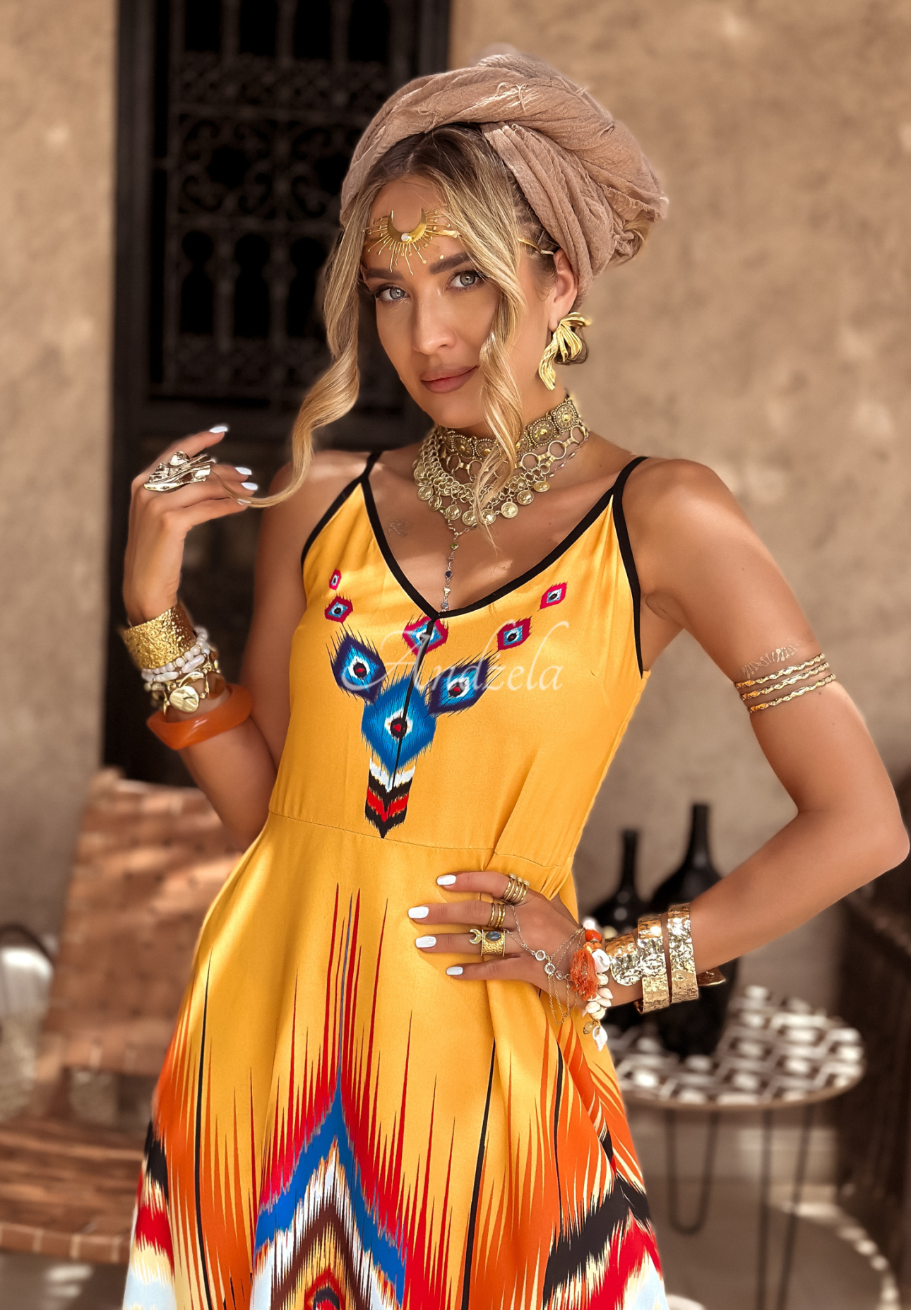 Strapless patterned maxi dress Ananya orange