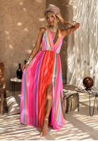 Wzorzysta sukienka maxi Colorful Sun Rays pomarańczowo-różowa