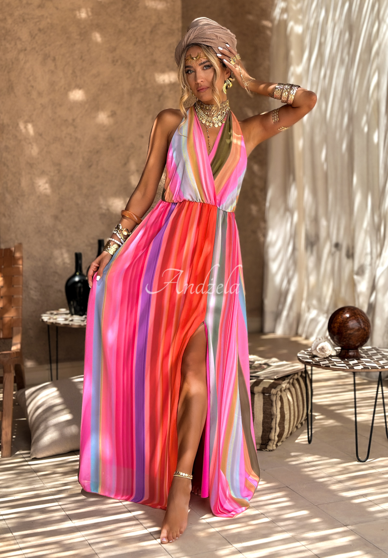 Colorful Sun Rays orange and pink patterned maxi dress