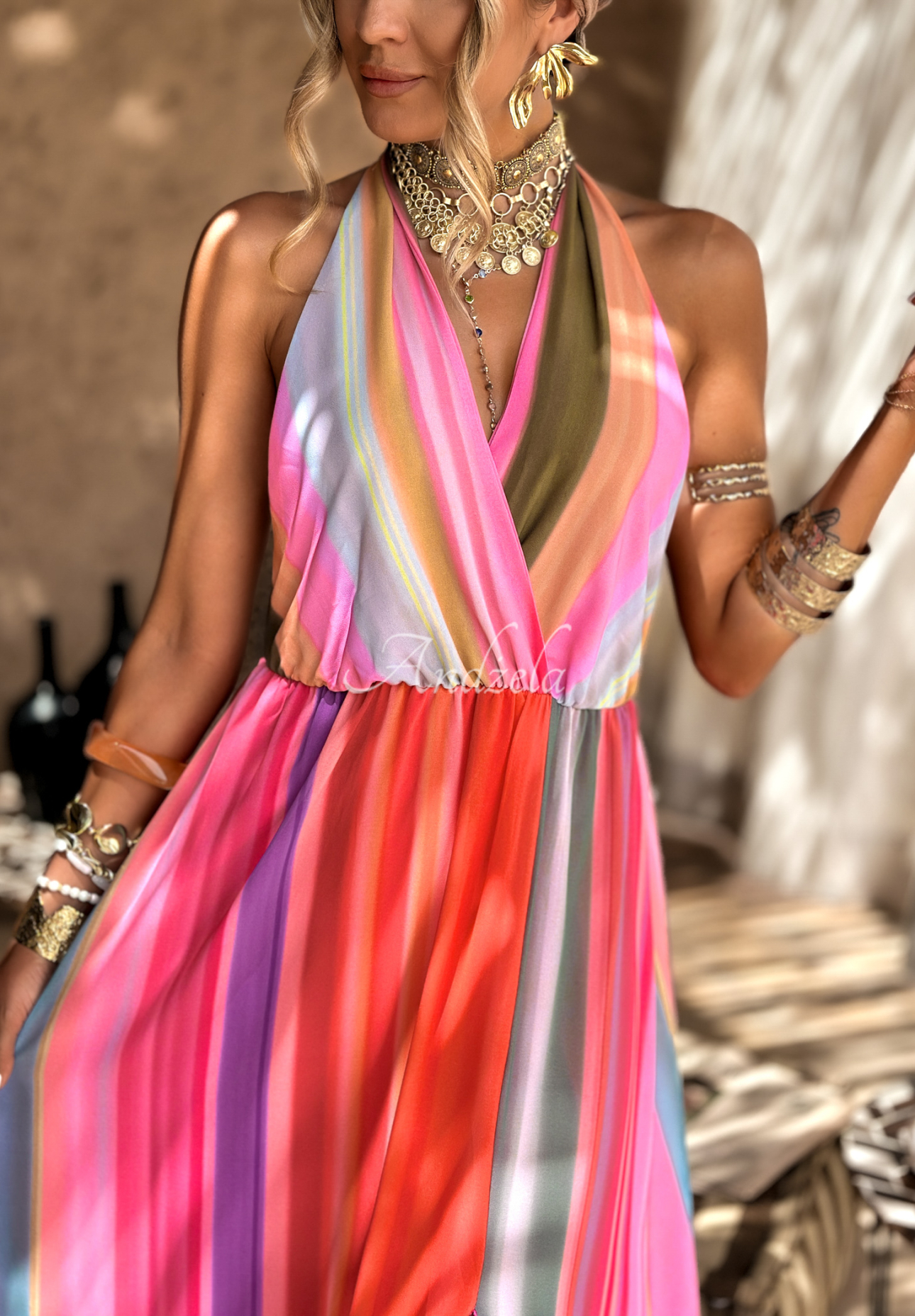 Colorful Sun Rays orange and pink patterned maxi dress