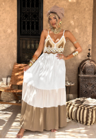 Sukienka na ramiączkach z falbankami boho Waiting For Sunrise biało-camelowa