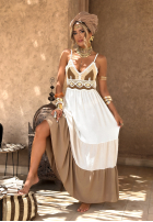 Sukienka na ramiączkach z falbankami boho Waiting For Sunrise biało-camelowa