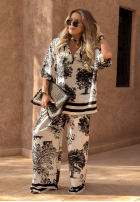 Wzorzysty komplet bluzka i spodnie wide leg Exotic Retreat biało-czarny