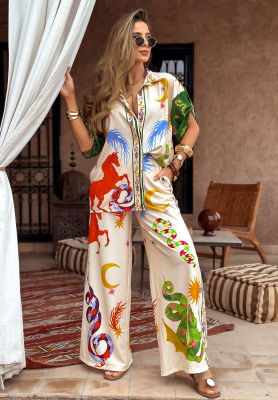 The Inner Eye beige patterned wide leg shirt and pants set