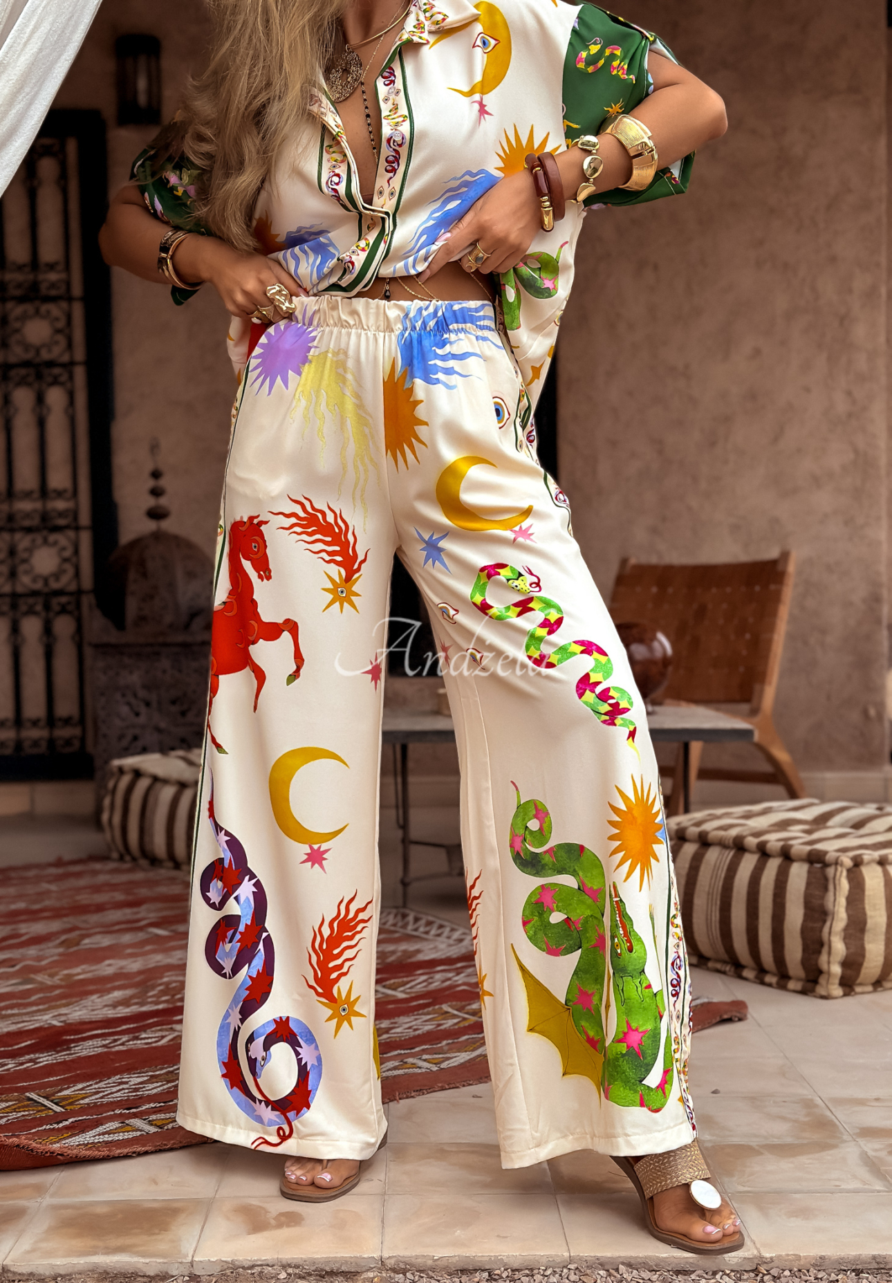 The Inner Eye beige patterned wide leg shirt and pants set