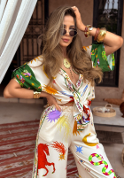 Wzorzysty komplet koszula i spodnie wide leg The Inner Eye beżowy