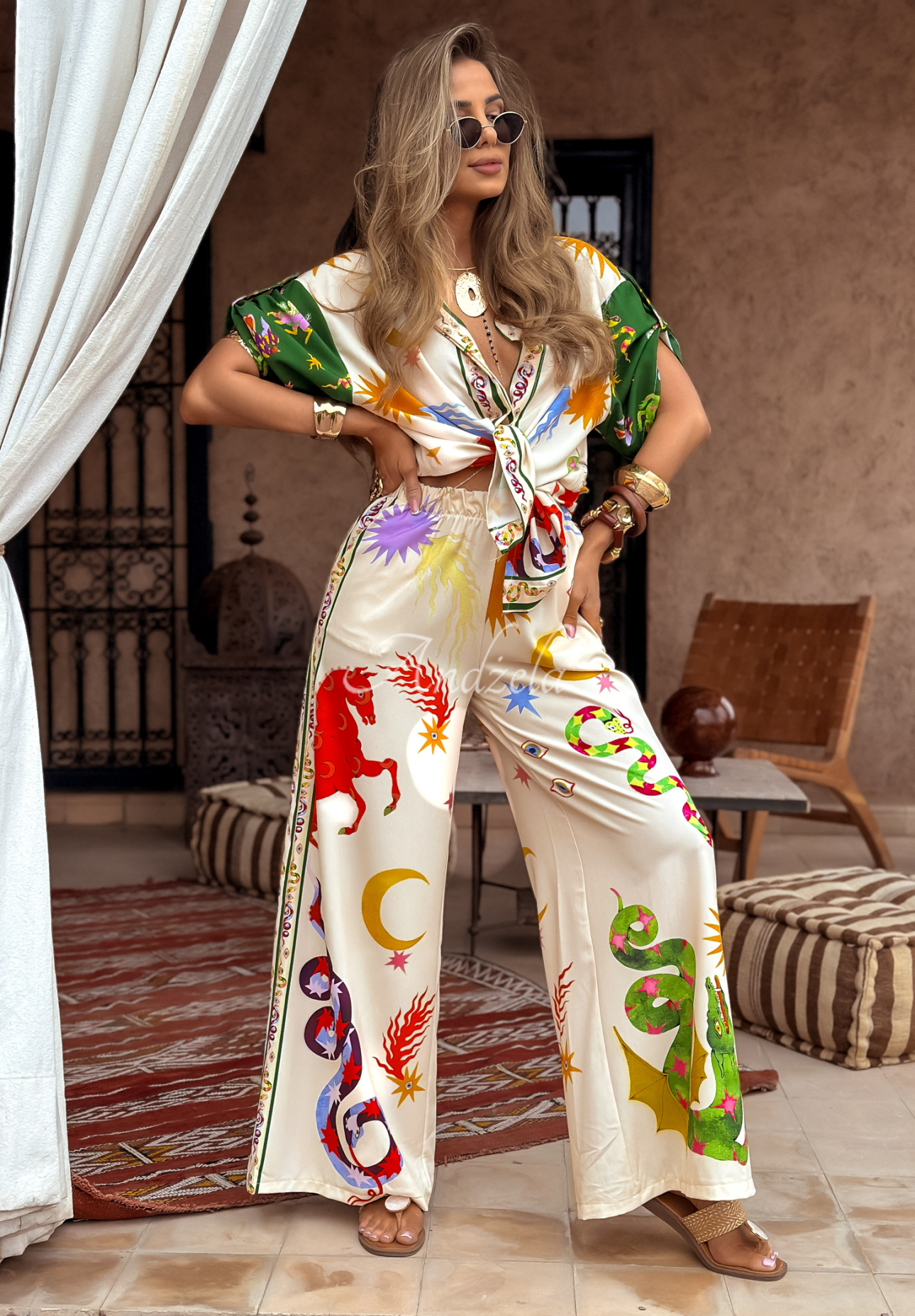 The Inner Eye beige patterned wide leg shirt and pants set