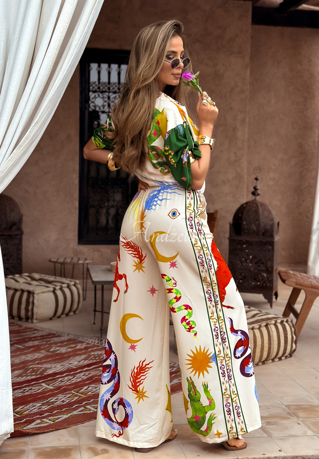 The Inner Eye beige patterned wide leg shirt and pants set