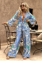 Satynowa narzutka plażowa we wzory Egzotic Mosaic niebieska