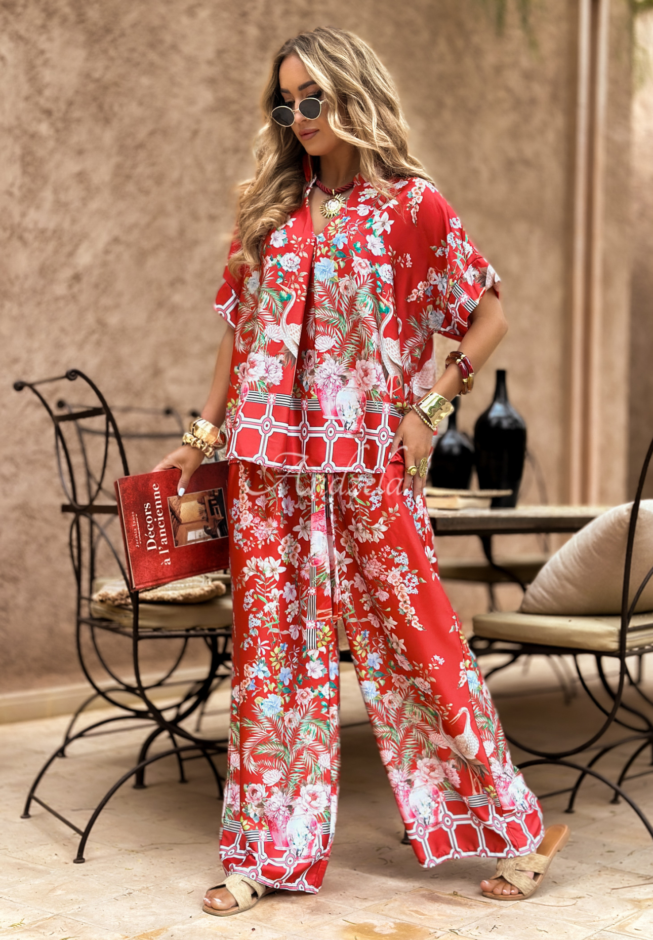 Satin patterned blouse Exotic Mosaic red