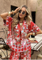 Satynowa bluzka we wzory Egzotic Mosaic czerwona