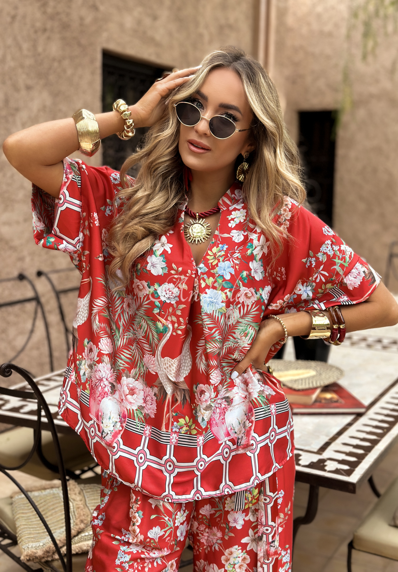 Satin patterned blouse Exotic Mosaic red