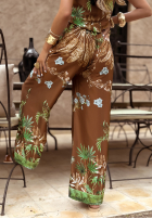 Spodnie wide leg we wzory Jungle Escape czekoladowe