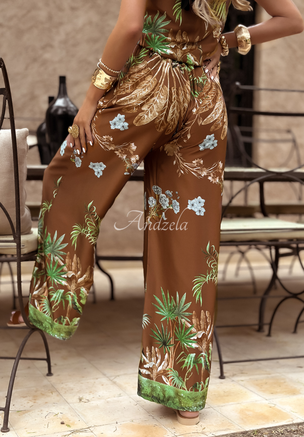 Jungle Escape chocolate patterned satin wide leg pants