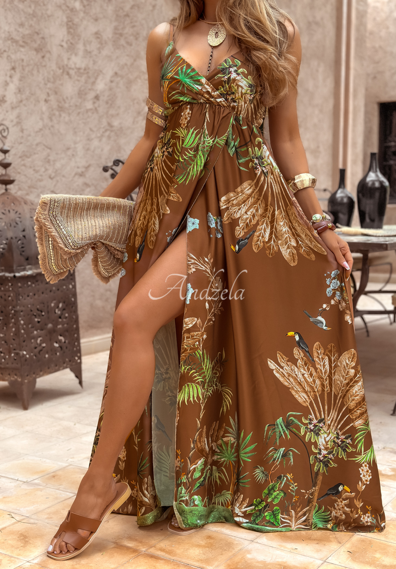 Strapless satin maxi dress with patterns Jungle Escape chocolate