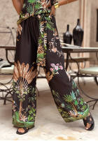 Spodnie wide leg we wzory Jungle Escape czarne