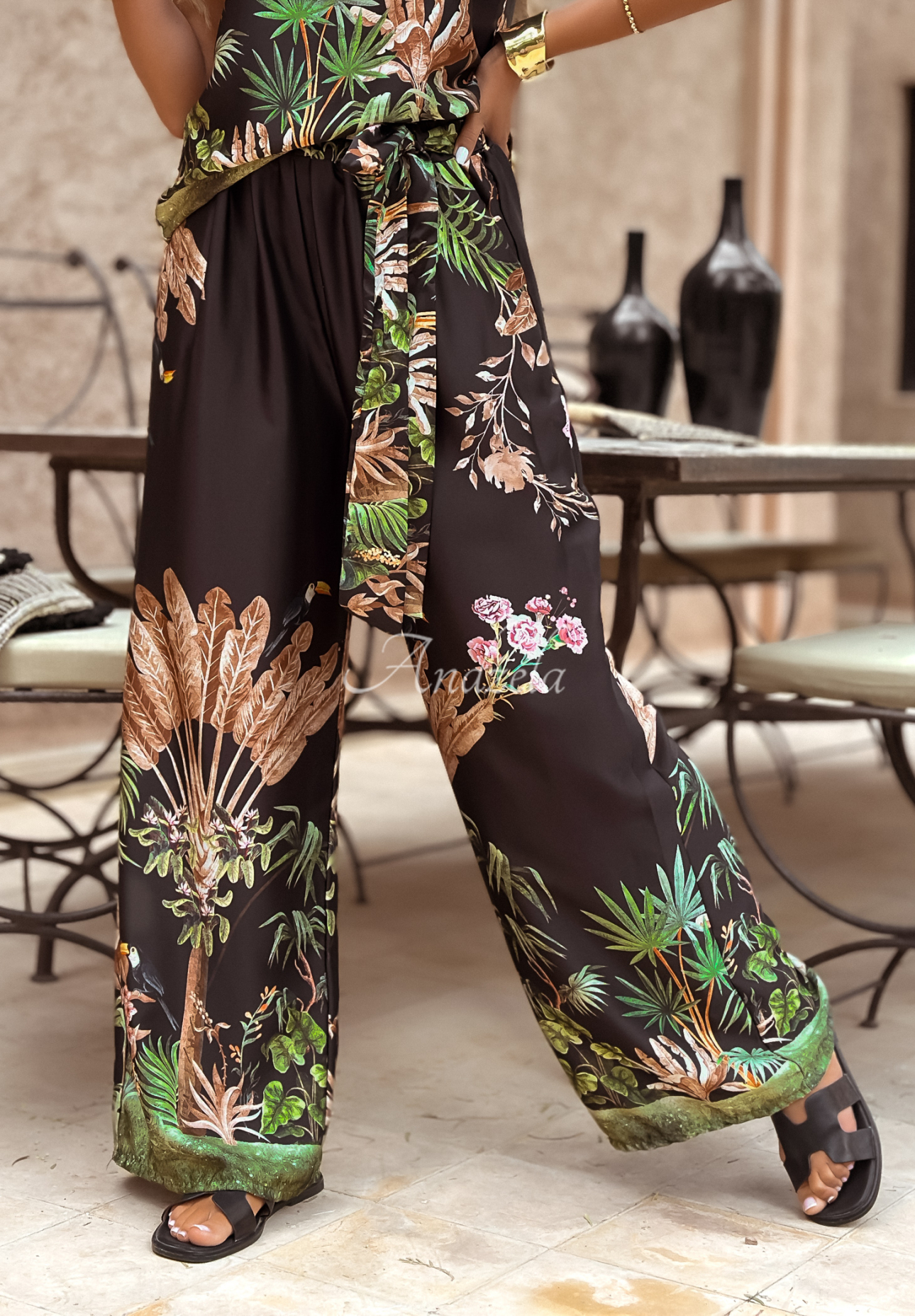 Satin patterned wide leg pants Jungle Escape black