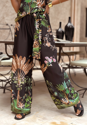 Satin patterned wide leg pants Jungle Escape black