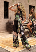 Spodnie wide leg we wzory Jungle Escape czarne