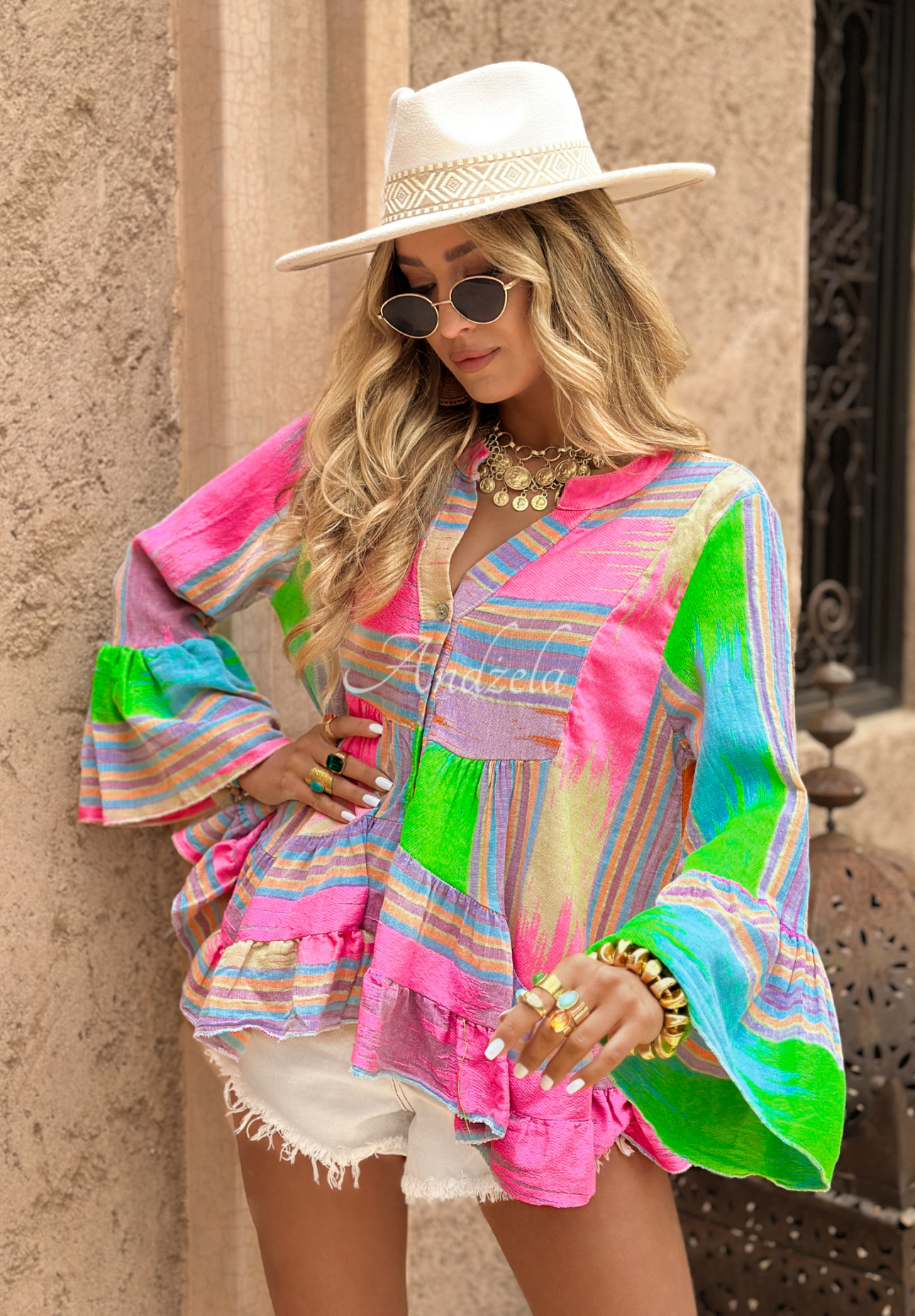 Patterned shirt with frills Sunlight Is Painting lilac pink