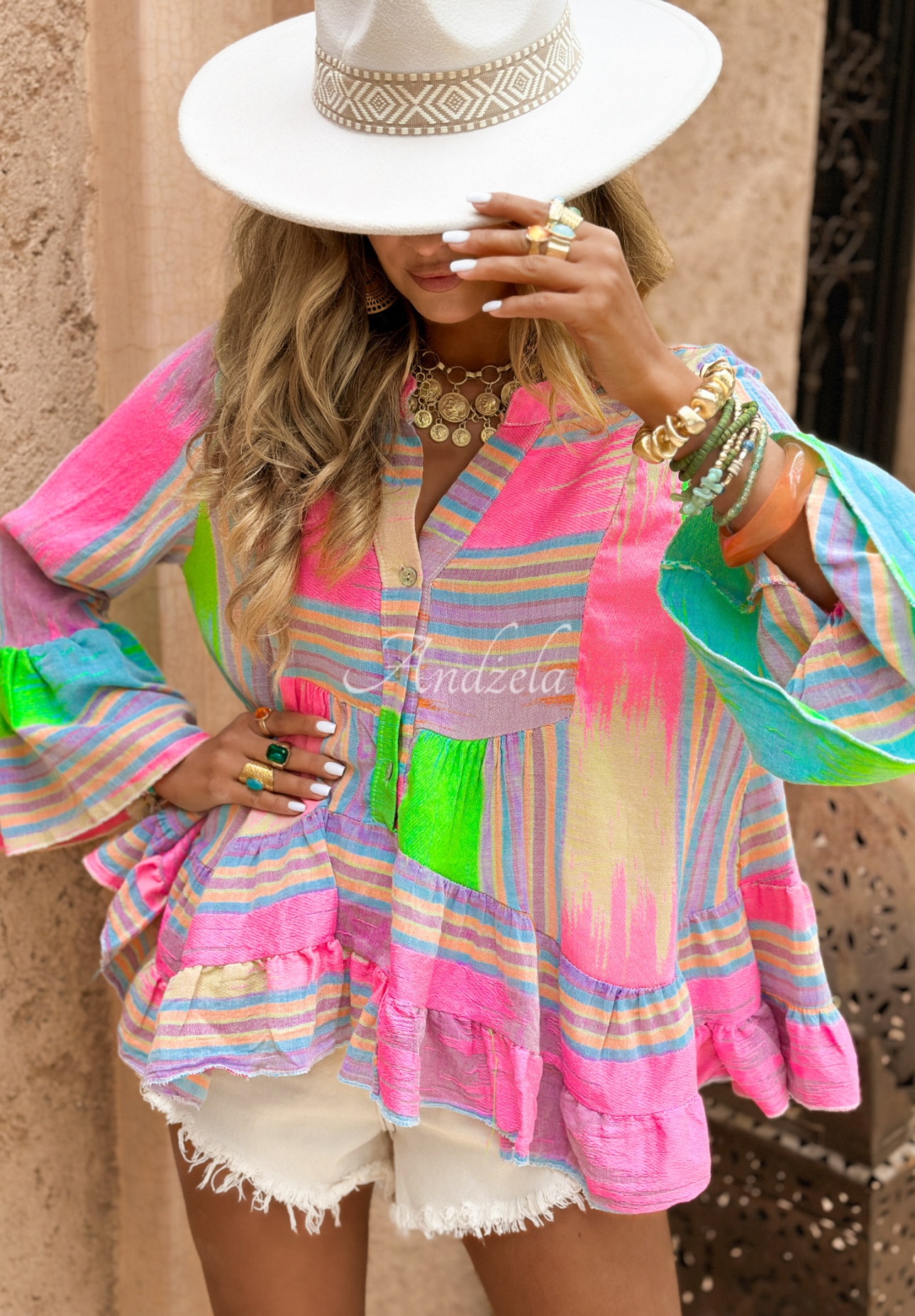 Patterned shirt with frills Sunlight Is Painting lilac pink