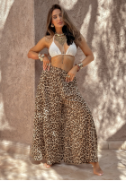 Materiałowe spodnie wide leg w panterkę Place For You beżowe