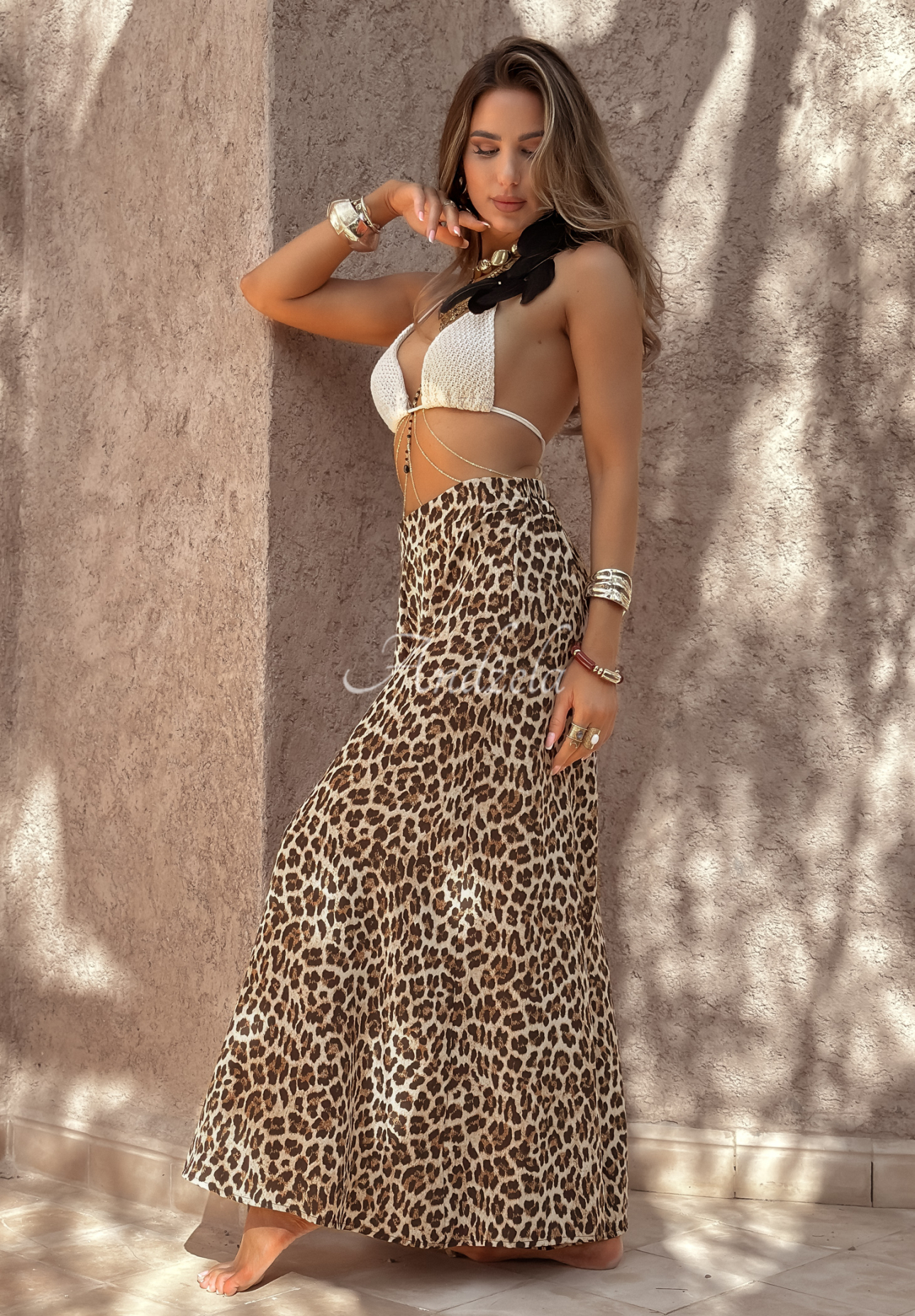 Material wide leg pants in leopard print Place For You beige