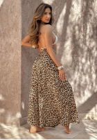 Materiałowe spodnie wide leg w panterkę Place For You beżowe