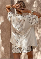 Wzorzysty komplet koszula i krótkie spodenki Moonlight Serenade ecru