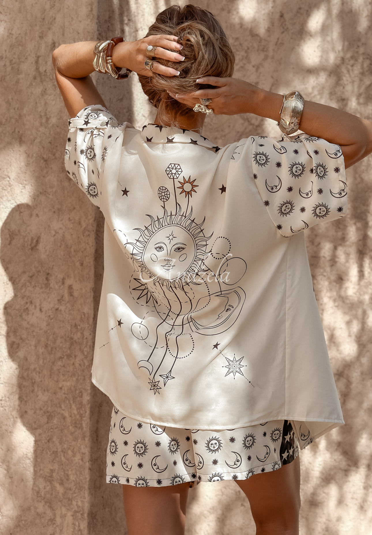 Patterned set shirt and short shorts Moonlight Serenade light beige