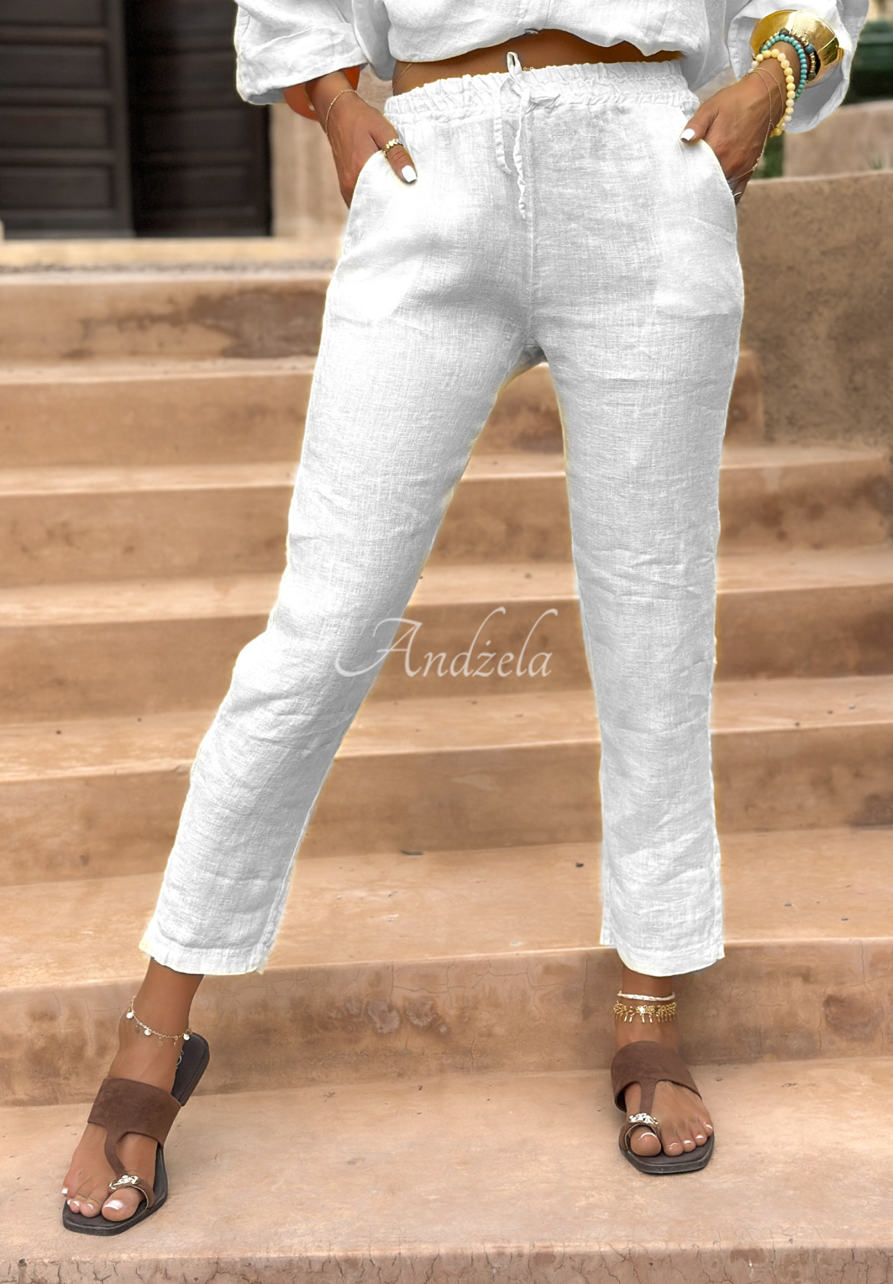 Linen pants with tie Summery Essentials white