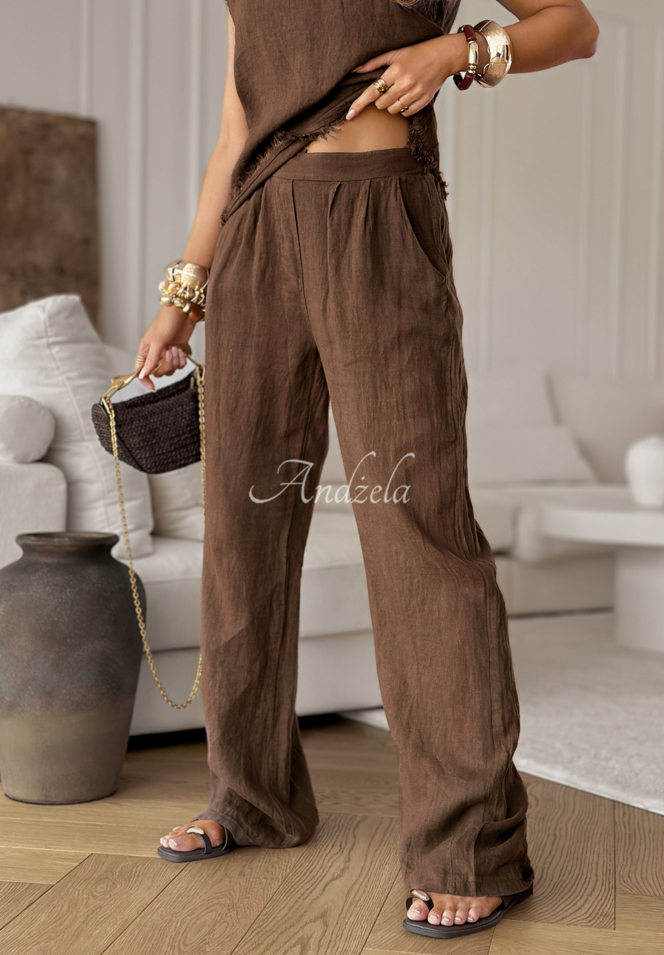 Desert Princess chocolate linen wide leg pants