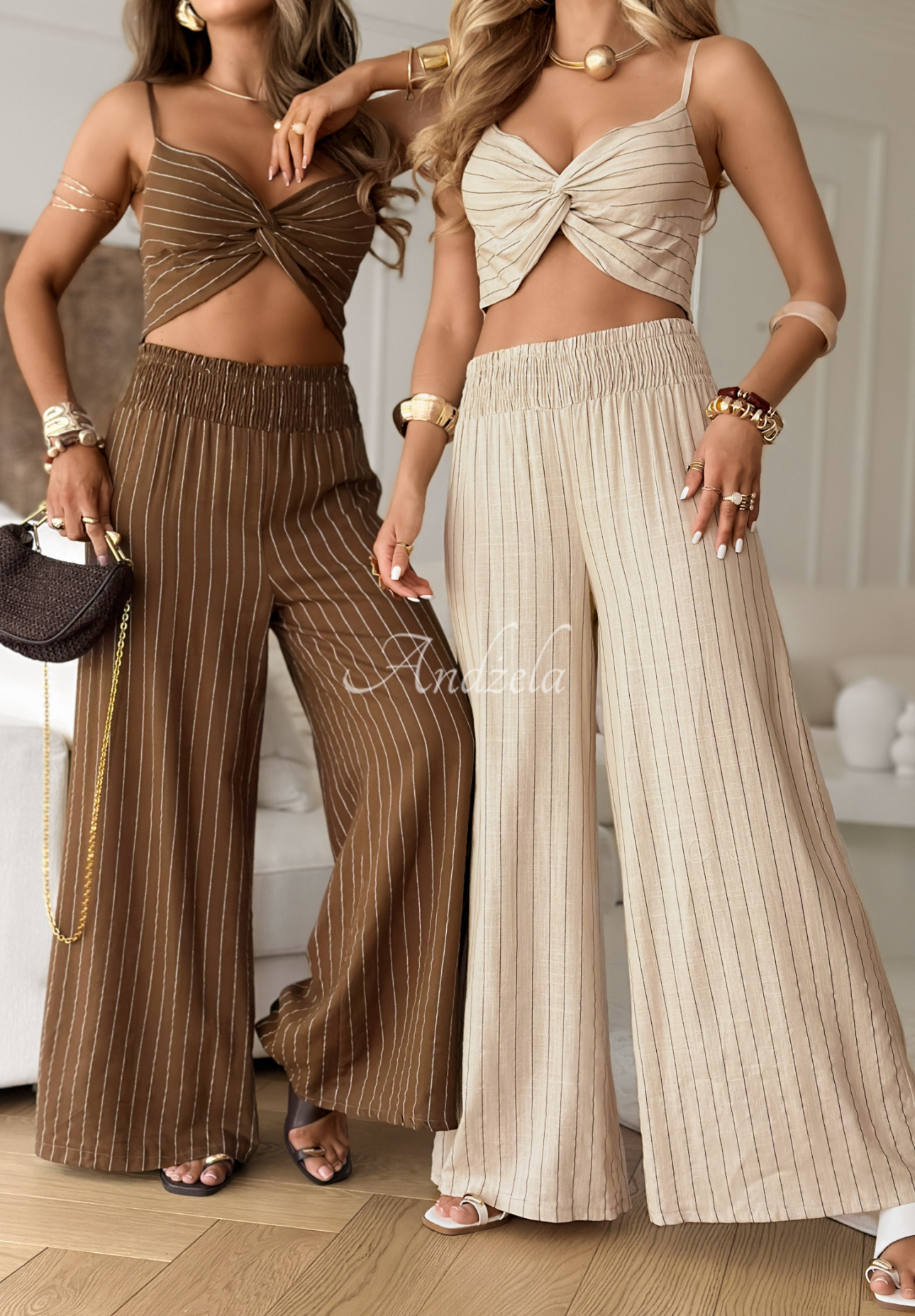 Linen set of short top and wide leg pants striped Vina Del Mar beige