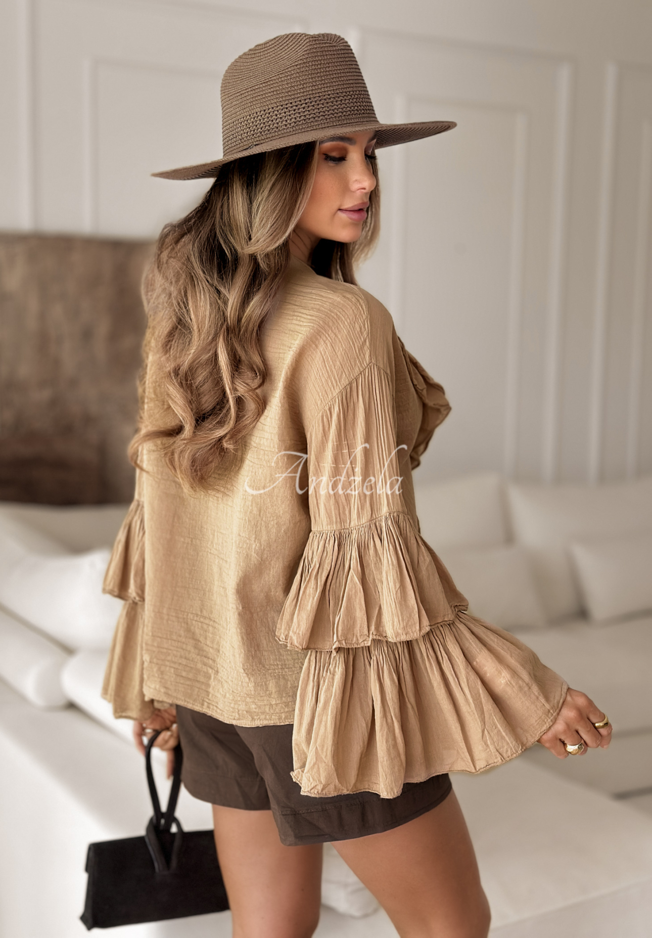 Who You Really Are ruffle shirt in camel