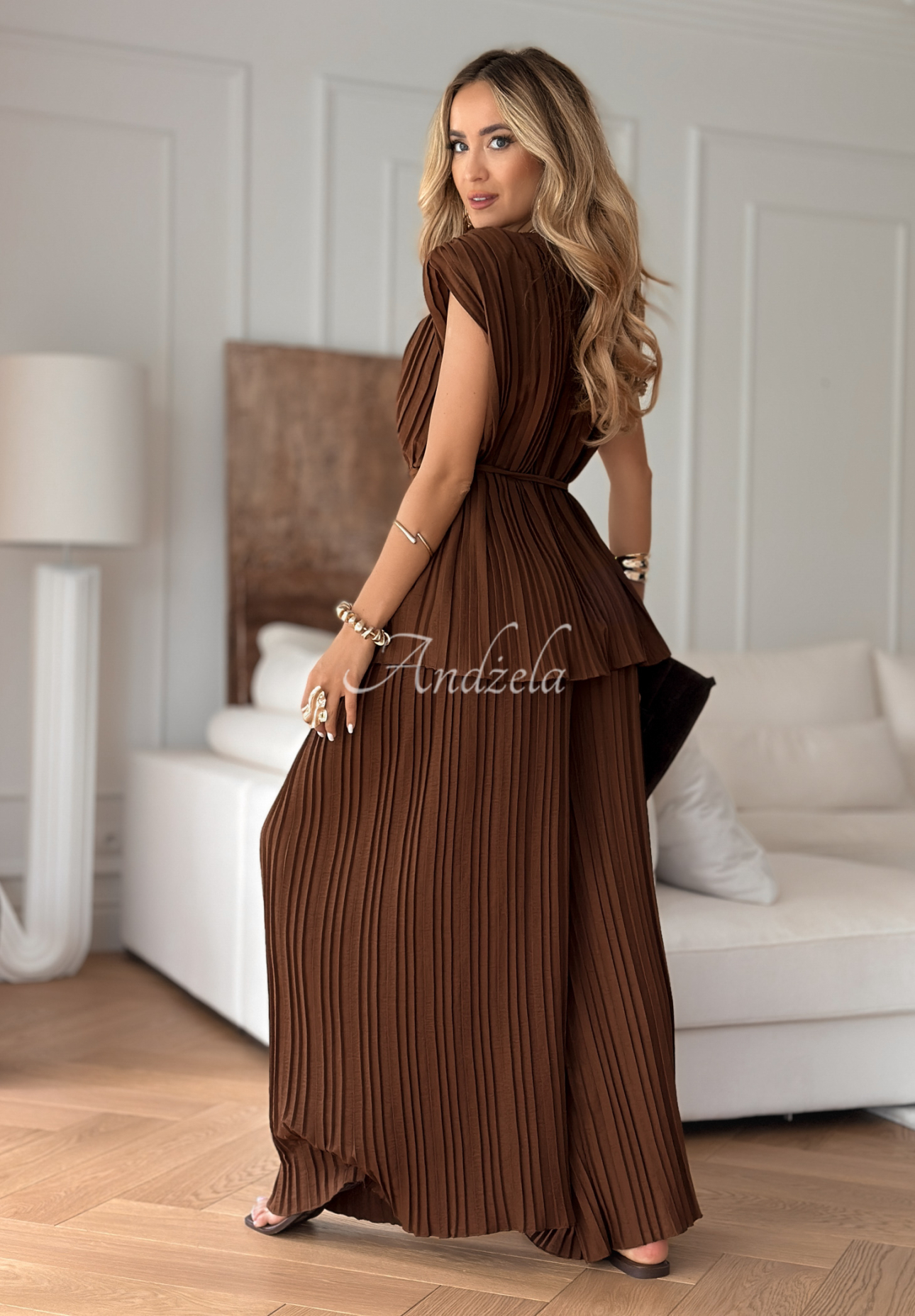 Pleated set blouse and wide leg pants Afternoon Sun chocolate