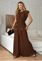 Plisowany komplet bluzka i spodnie wide leg Afternoon Sun camelowy