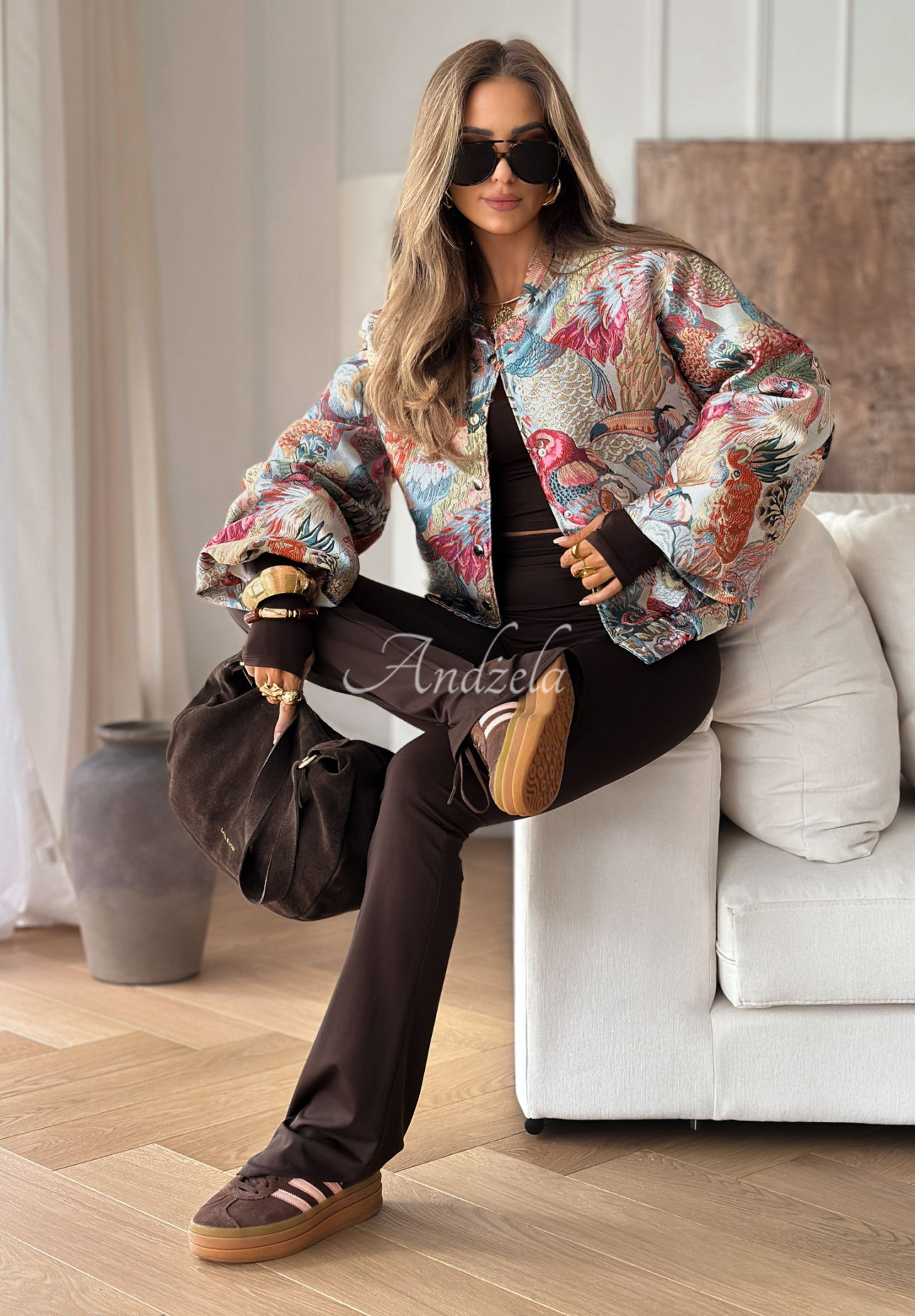 Parrots Of Paradise grey-pink patterned short bomber jacket
