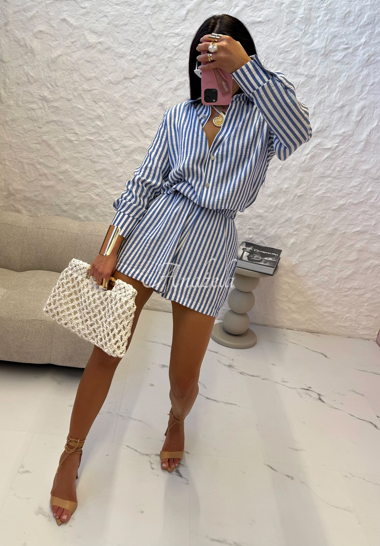 Lniany kombinezon w paski La Milla Not Interested biało-niebieski