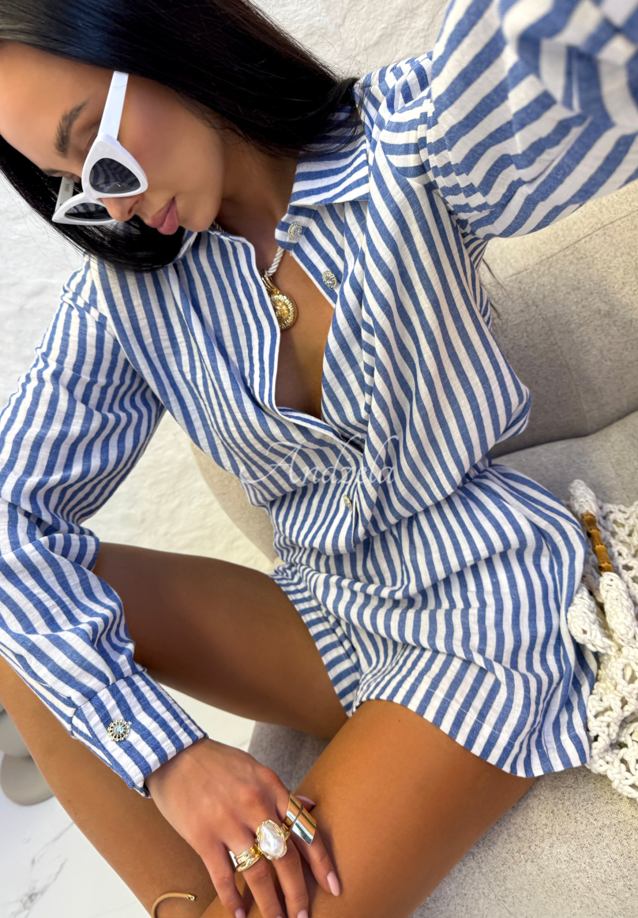 La Milla Not Interested striped linen jumpsuit white and blue