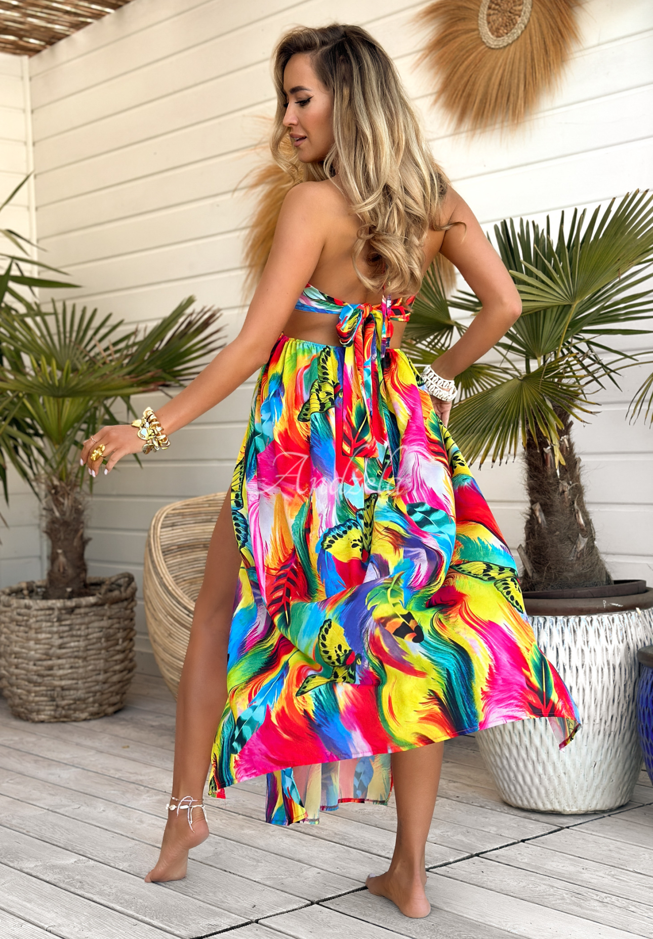 Paradise Rainbow yellow-green patterned strapless maxi dress