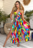 Wzorzysta sukienka maxi na ramiączkach Paradise Rainbow żółto-zielona
