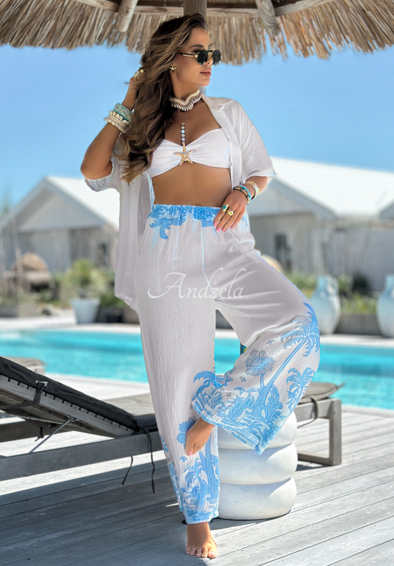 Patterned set of shirt and wide leg pants Las Palmas white and blue
