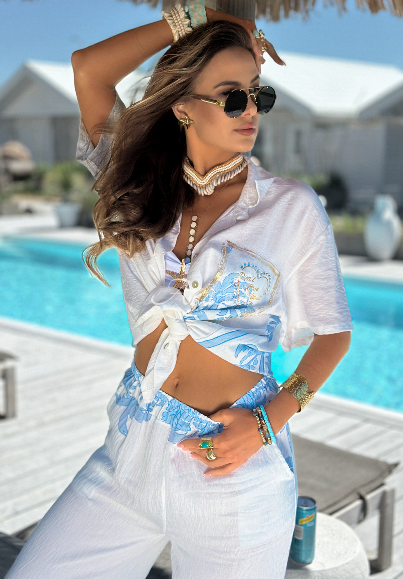 Patterned set of shirt and wide leg pants Las Palmas white and blue