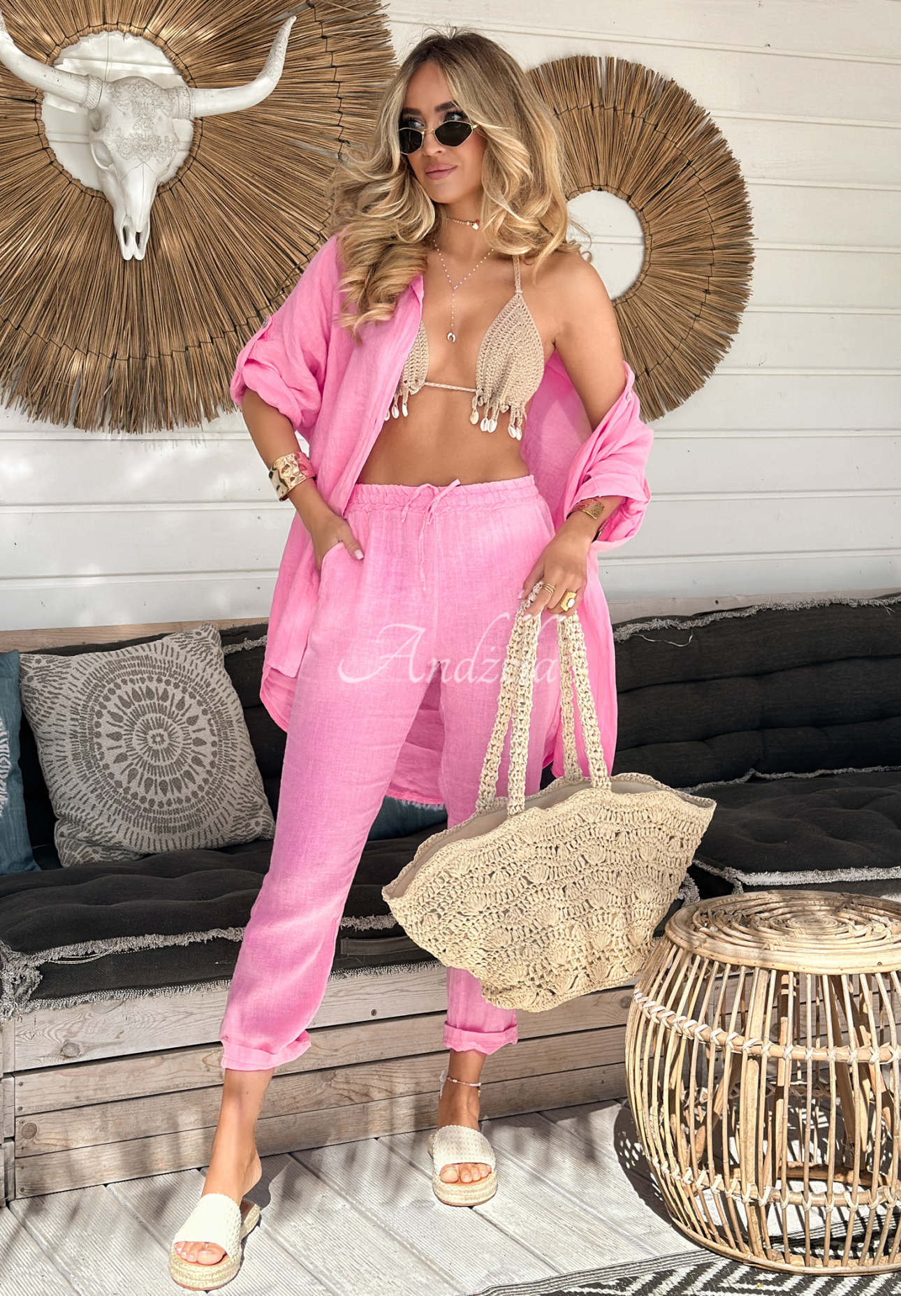 Linen pants with tie Summery Essentials pink