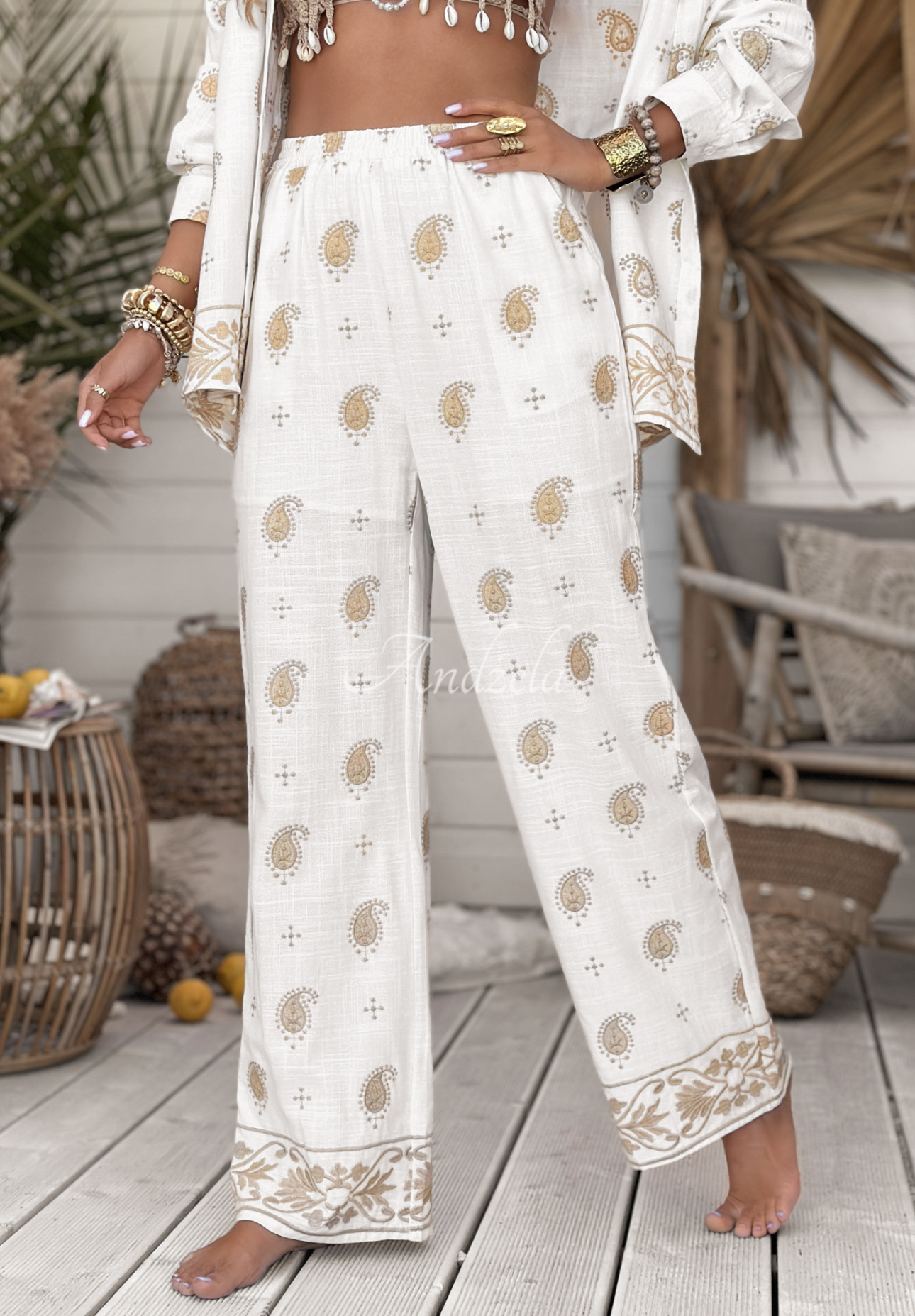 Embroidered boho linen pants Serene Beaches ecru