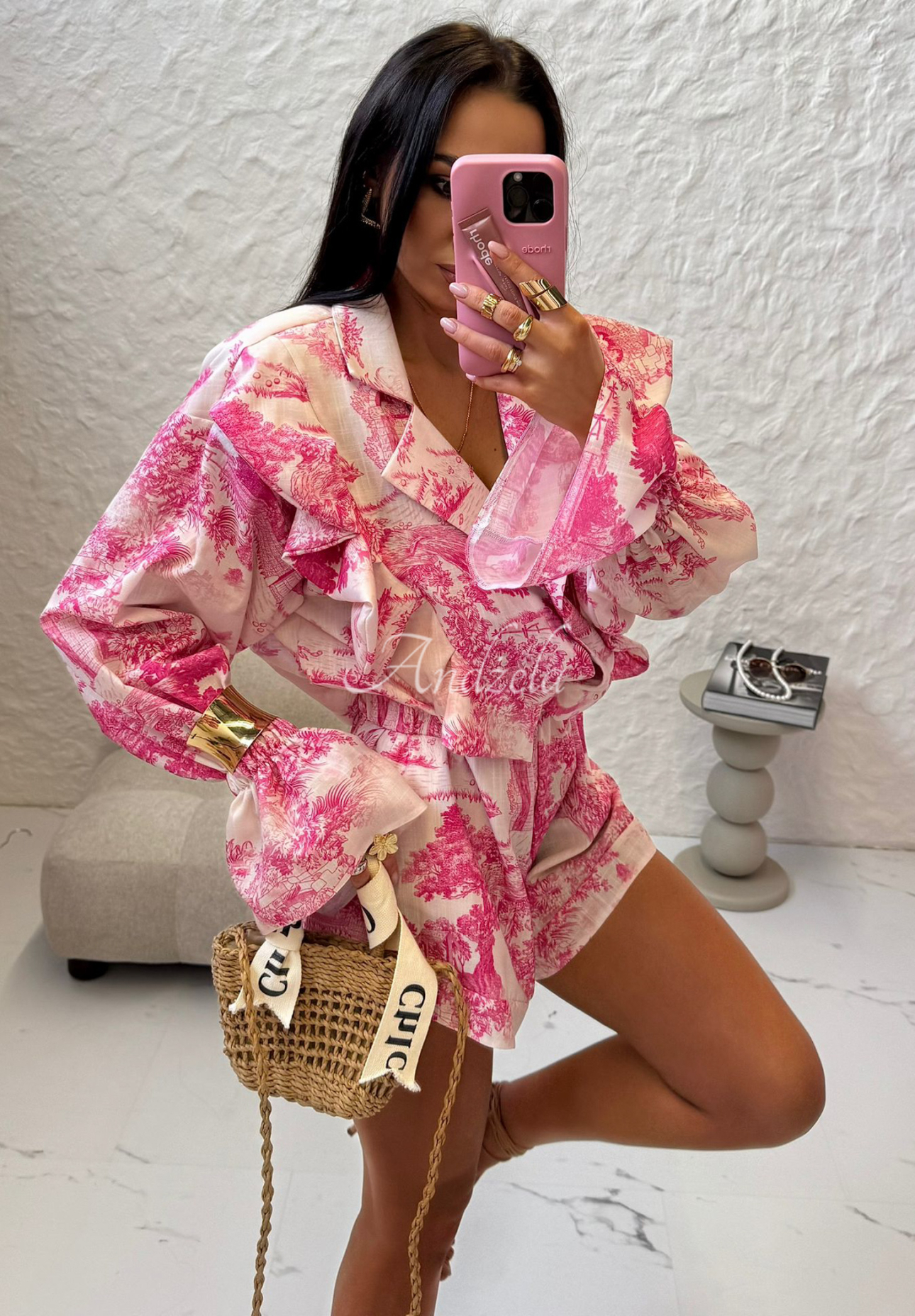 Linen set of La Milla Dreamy Places patterned shirt and short shorts pink